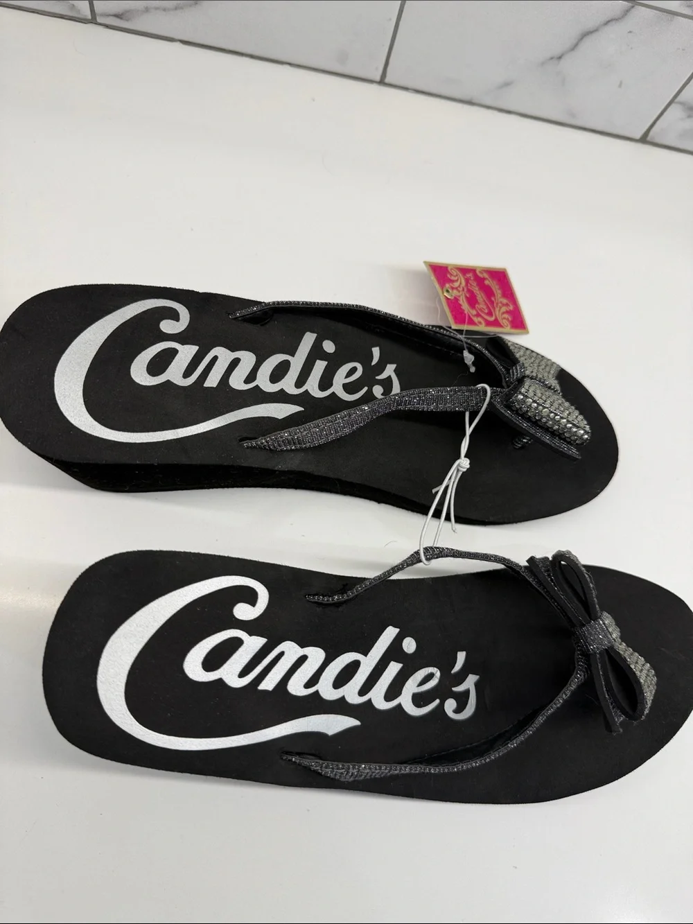 Candie's Black Rhinestone Bow Flip Flops with heel